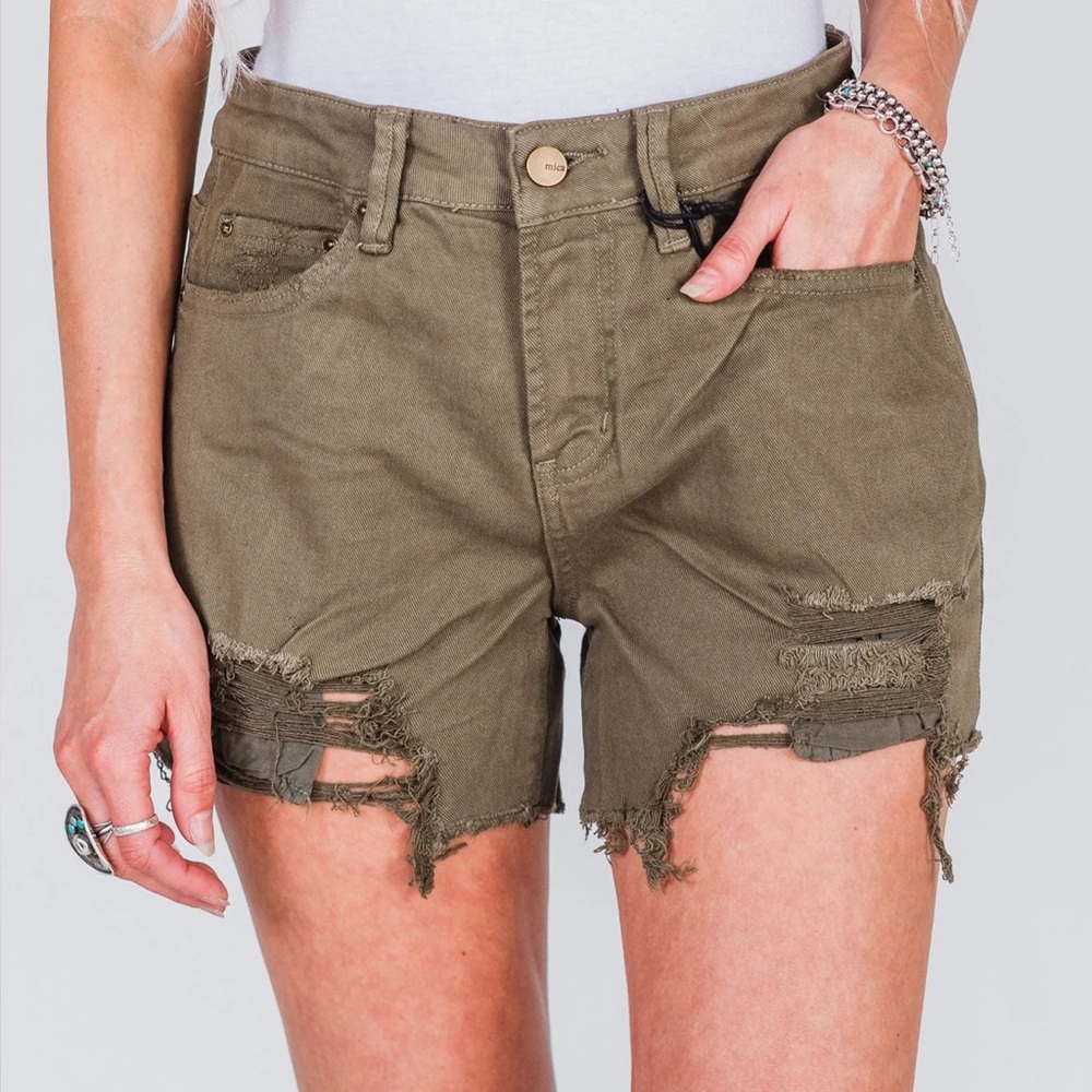 Mica Women’s Dark Sage Green Denim High Rise Distressed Shorts Sz XS